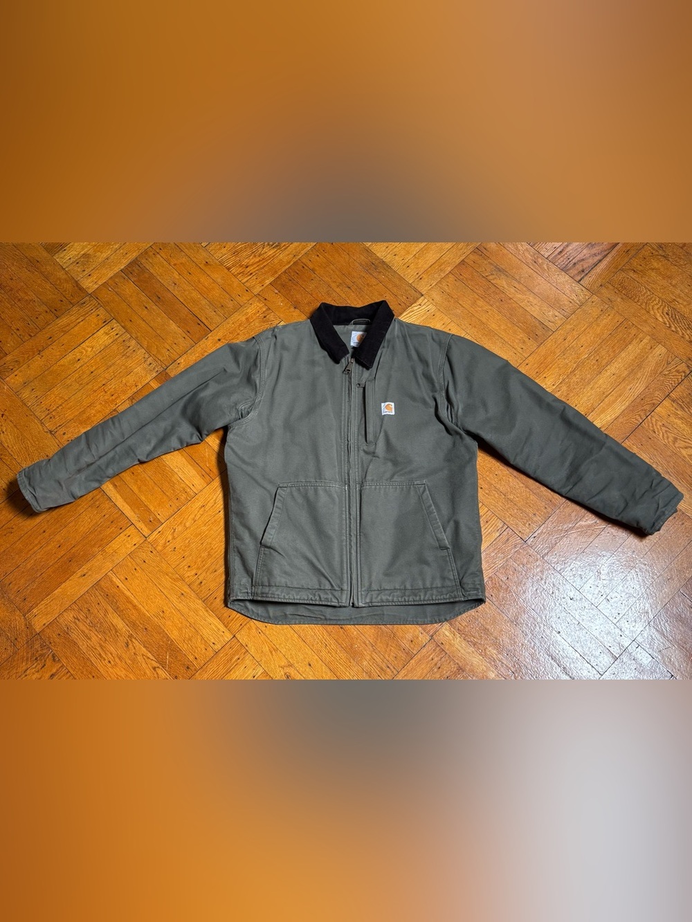 Carhartt Olive Green Duck Jacket with Black Corduroy Collar